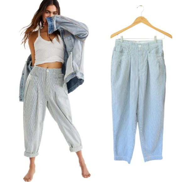 Free People Pants - Free People Make A Stand High Waisted Slouchy Trousers Blue & White Seersucker